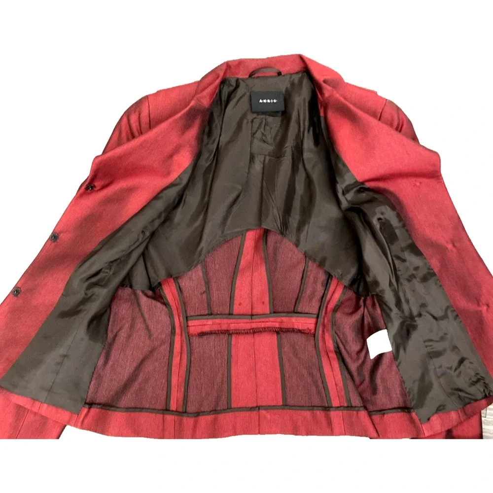 Akris Red 100% Silk Blazer Jacket Notch Lapel Collar Black Sheen V Neck 8 US M - Picture 8 of 11